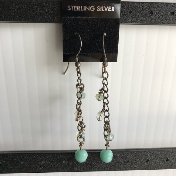 Vintage Handmade Aqua Beads Crystal Sterling Silver Dangle Drop Earrings - Picture 2 of 6